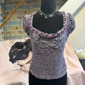 Sugar Thrillz Lavender Lace Puff Sleeve Top with Rose Trim